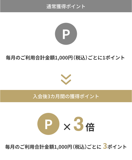 通常獲得ポイント（毎月のご利用合計金額1,000円（税込）ごとに1ポイント）>> 入会後3カ月間の獲得ポイント（毎月のご利用合計金額1,000円（税込）毎に3ポイント）