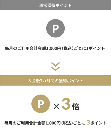 通常獲得ポイント（毎月のご利用合計金額1,000円（税込）毎に1ポイント）>> 入会後3カ月間の獲得ポイント（毎月のご利用合計金額1,000円（税込）毎に3ポイント）