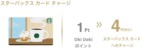 スターバックスカードチャージ Oki Doki ポイント1pt → スターバックスカードへのチャージ 4円分に！