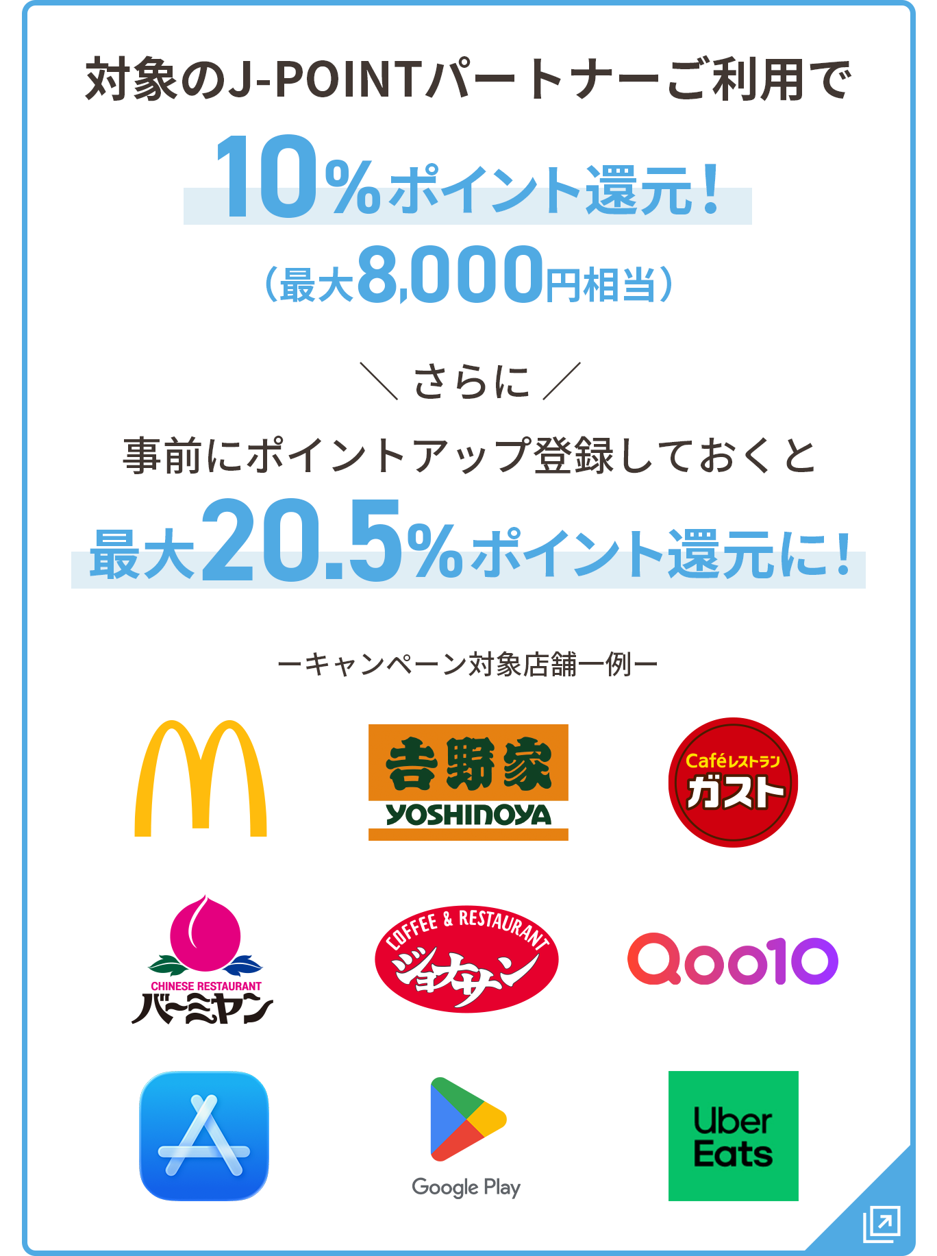 対象のJ-POINTパートナーご利用で10％ポイント還元 最大8,000円相当 さらに事前にポイントアップ登録しておくと最大20.5%ポイント還元に！