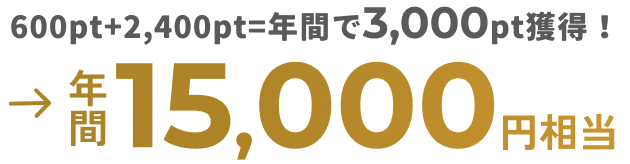 600pt+2,400pt=年間で3,000pt獲得!→年間15,000円相当