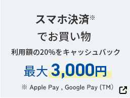 スマホ決済※ でお買い物利用額の20%をキャッシュバック最大 3,000円 ※ Apple Pay, Google Pay（TM）