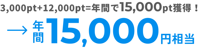 3,000pt＋12,000pt＝年間で15,000pt獲得！ &rarr;年間15,000円相当