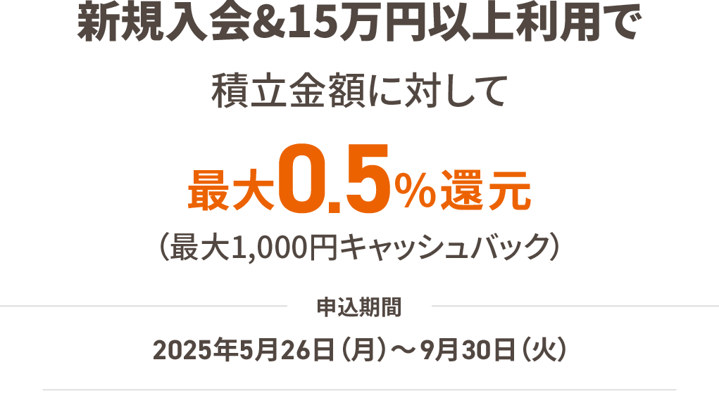 新規入会&15万円（税込）以上利用で積立金額に対して最大0.5%還元（最大1,000円キャッシュバック）申込期間：2025年5月26日（月）〜 9月30日（火）
