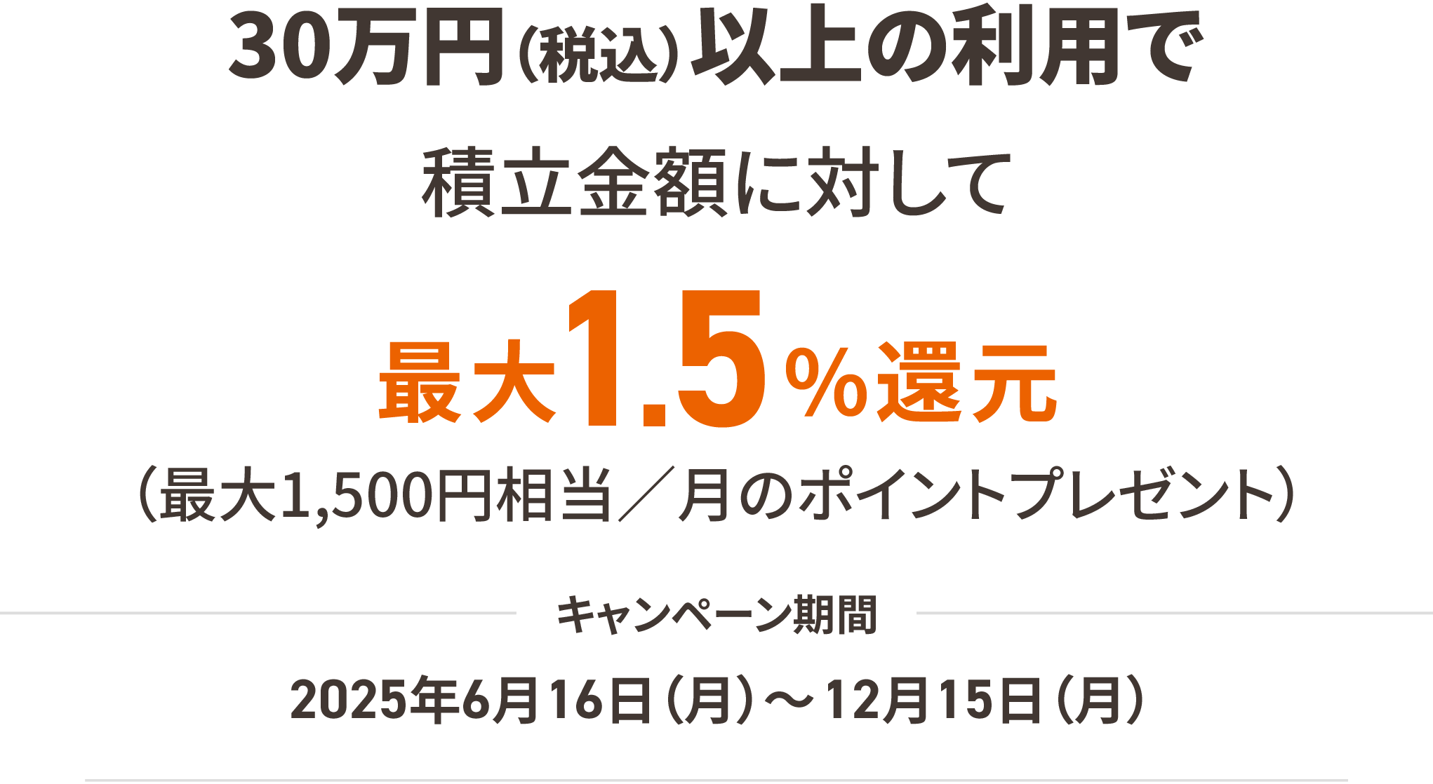 30万円（税込）以上の利用で積立金額に対して最大1.5%還元（最大1,500円相当／月のポイントプレゼント）キャンペーン期間：2025年6月16日（月）～12月15日（月）