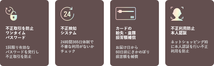 不正取引を防止ワンタイムパスワード 不正検知システム カードの紛失・盗難損害額補償 不正利用防止本人認証