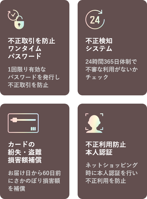 不正取引を防止ワンタイムパスワード 不正検知システム カードの紛失・盗難損害額補償 不正利用防止本人認証