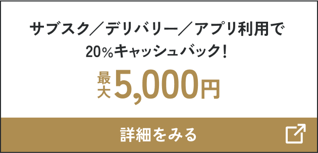サブスク／デリバリー／アプリ利用で20％キャッシュバック！ 最大5,000円 詳細をみる