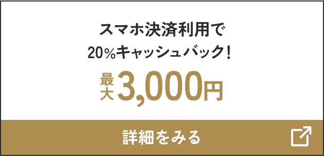 スマホ決済利用で20％キャッシュバック！最大3,000円 詳細をみる