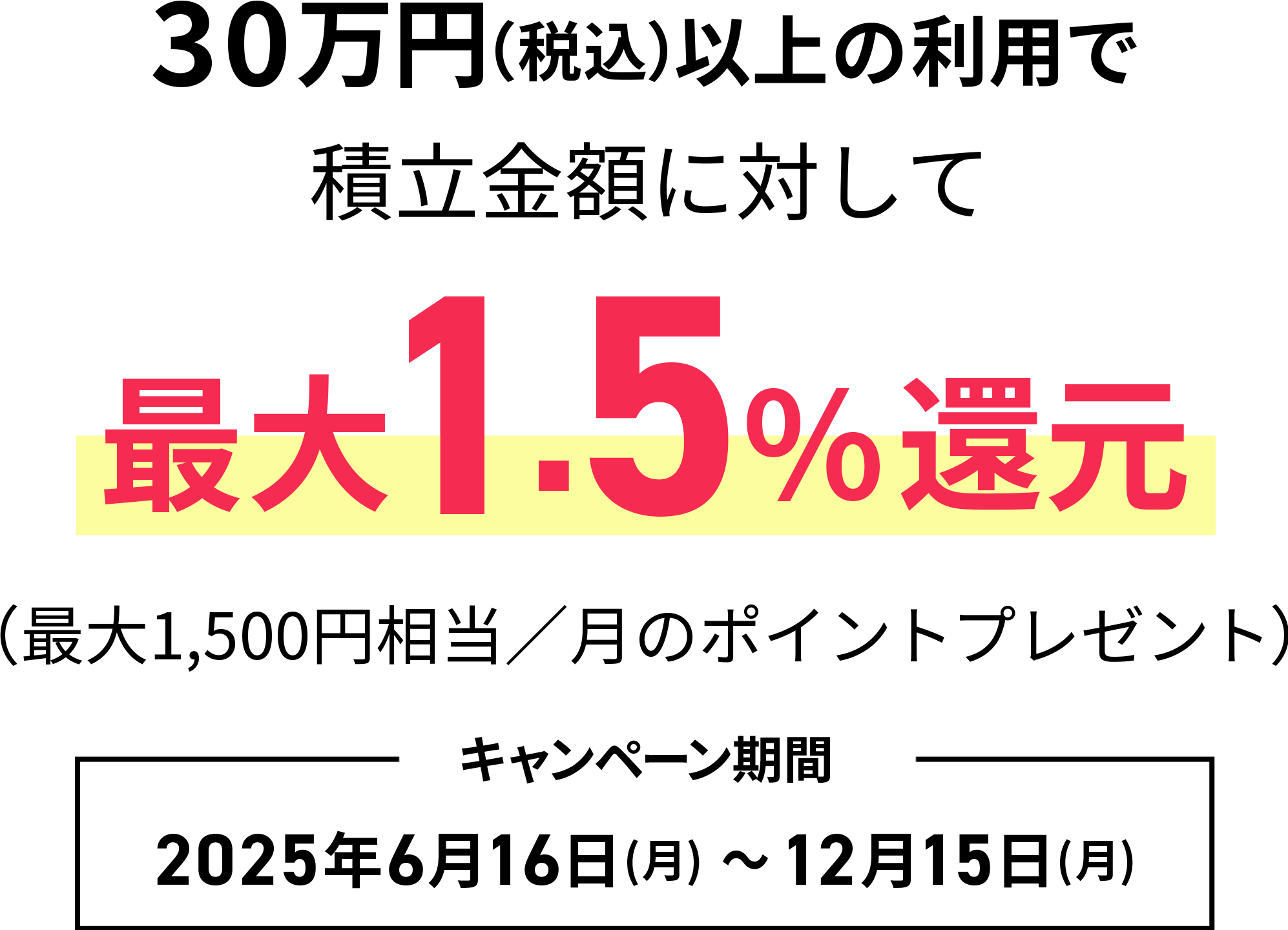 30万円（税込）以上の利用で積立金額に対して最大1.5%還元（最大1,500円相当/月のポイントプレゼント）
