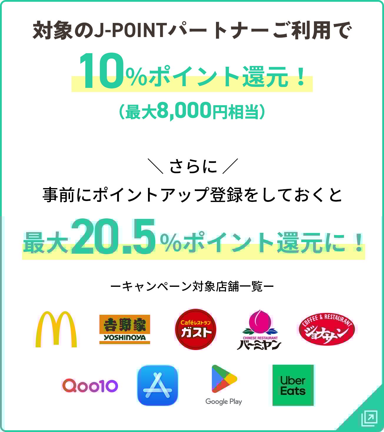 対象のJ-POINTパートナーご利用で10％ポイント還元 最大8,000円相当 さらに事前にポイントアップ登録をしておくと最大20.5%ポイント還元に！
