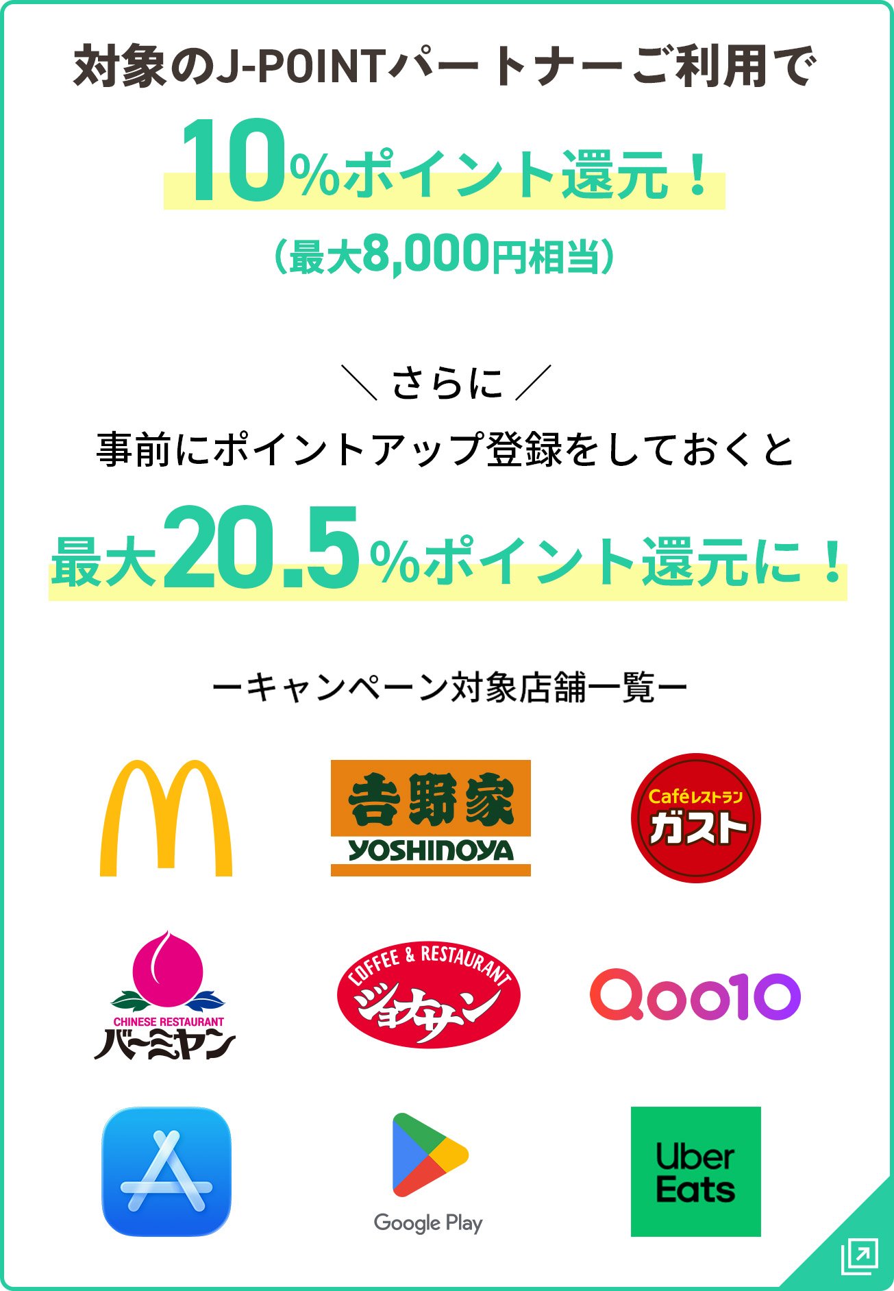 対象のJ-POINTパートナーご利用で10％ポイント還元 最大8,000円相当 さらに事前にポイントアップ登録をしておくと最大20.5%ポイント還元に！