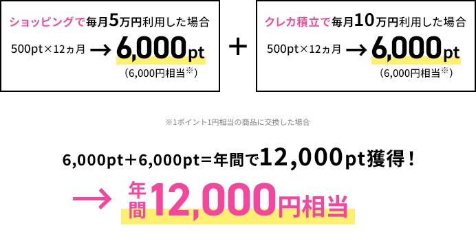 6,000pt＋6,000pt 年間で12,000pt獲得！ 年間12,000円相当