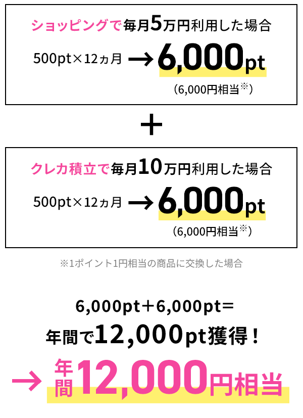 6,000pt＋6,000pt 年間で12,000pt獲得！ 年間12,000円相当
