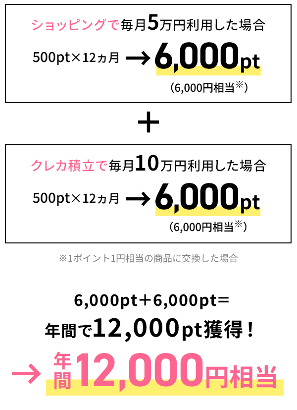 6,000pt＋6,000pt 年間で12,000pt獲得！ 年間12,000円相当