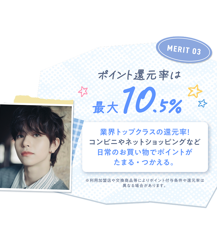 MERIT03 ポイント還元率は最大10.5% 業界トップクラスの還元率! コンビニやネットショッピングなど日常のお買い物でポイントがたまる・つかえる。