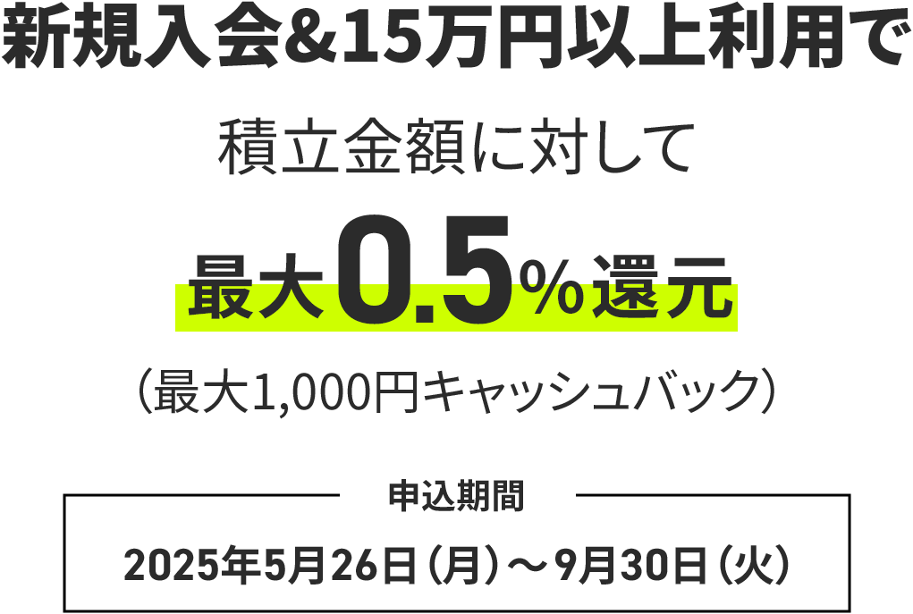新規入会&15万円（税込）以上利用で積立金額に対して最大0.5%還元（最大1,000円キャッシュバック）