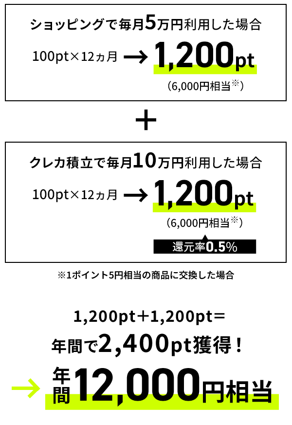 100pt×12ヵ月→1,200pt（6,000円相当）