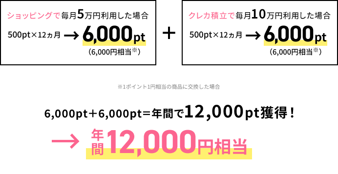 6,000pt＋6,000pt 年間で12,000pt獲得！ 年間12,000円相当