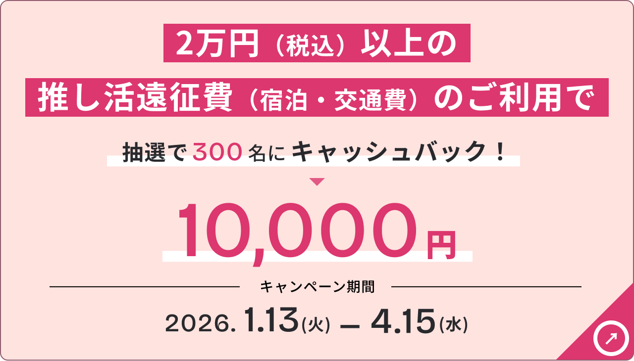 2万円（税込）以上の推し活遠征費（宿泊・交通費）のご利用で抽選で300名にキャッシュバック！10,000円