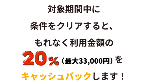 対象期間中に4つのステップをクリアすると、もれなく利用金額の20%（最大33,000円）をキャッシュバックします！