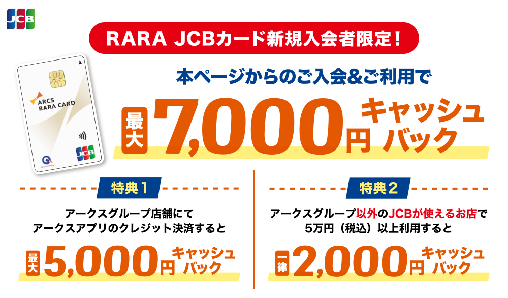 [RARA JCBカード新規入会者限定！] 本ページからのご入会＆ご利用で最大7,000円キャッシュバック [特典1] アークスグループ店舗にてアークスアプリのクレジット決済すると最大5,000円キャッシュバック [特典2] アークスグループ以外のJCBが使えるお店で5万円（税込）以上利用すると一律2,000円キャッシュバック
