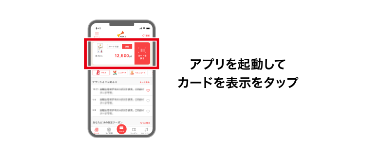 アプリを起動してカードを表示をタップ