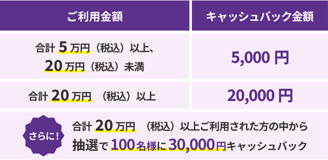 ご利用金額が合計5万円（税込）以上、20万円（税込）未満の場合、5,000円キャッシュバック。ご利用金額が合計20万円（税込）以上の場合、20,000円キャッシュバック。さらに！合計20万円（税込）以上ご利用された方の中から抽選で100名様に30,000円キャッシュバック