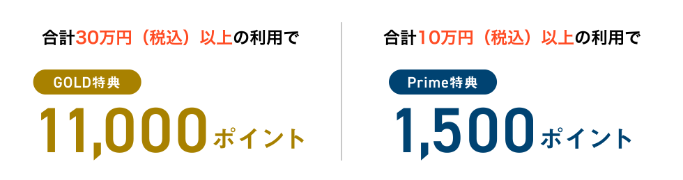 合計30万円（税込）以上の利用で [GOLD特典] 11,000ポイント | 合計10万円（税込）以上の利用で [Prime特典] 1,500ポイント