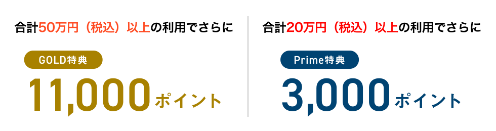 合計50万円（税込）以上の利用でさらに [GOLD特典] 11,000ポイント | 合計20万円（税込）以上の利用でさらに [Prime特典] 3,000ポイント